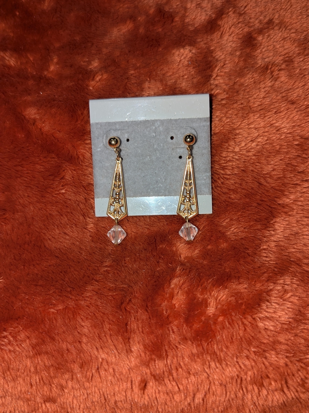 Women's Gold Filigree Drop Earrings with Clear Crystal Beads